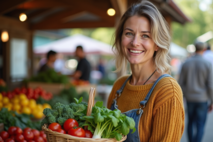 Femme souriante avec panier de légumes frais au marché