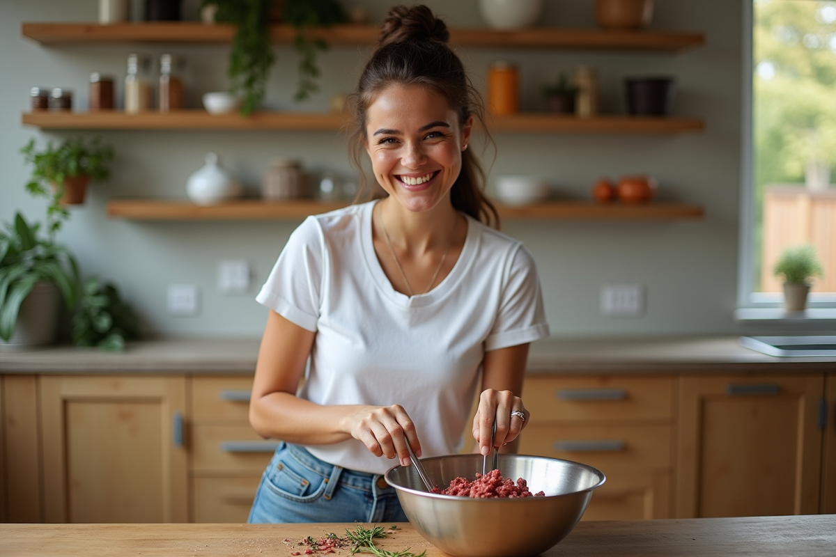 Jeune femme mélangeant viande et herbes à la maison