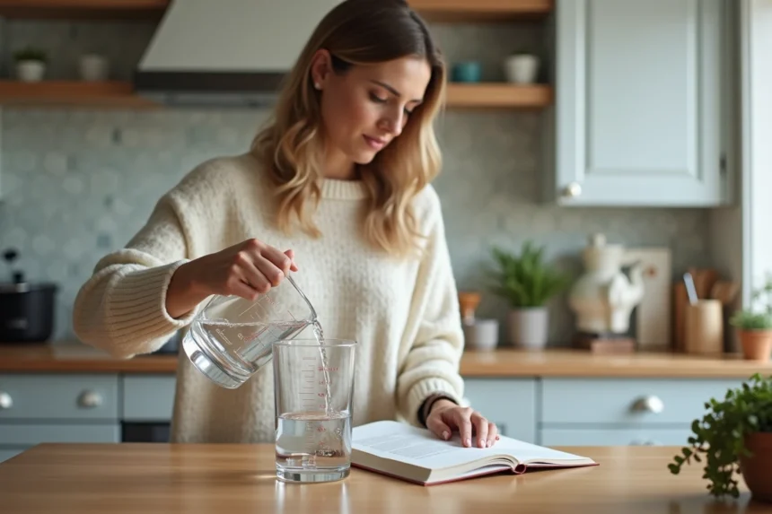 Femme en cuisine mesurant de l'eau avec un bécher