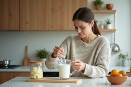Femme en cuisine mesurant du lait pour la recette