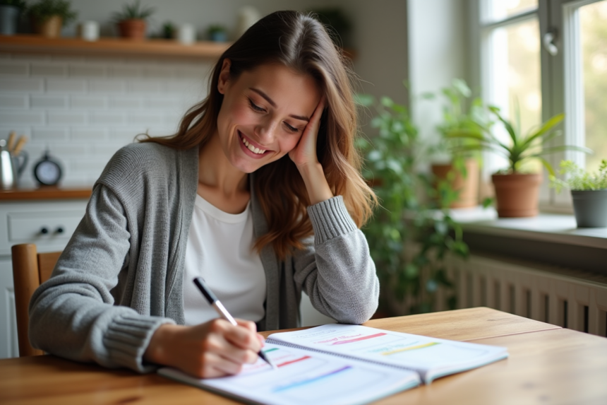 Femme souriante planifiant sa semaine dans une cuisine lumineuse