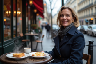 Femme dégustant une soupe à l'oignon dans un café parisien