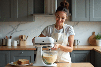 Jeune femme en cuisine mélangeant la pâte à gâteau