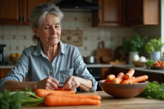 Femme d'âge moyen peignant des carottes dans la cuisine