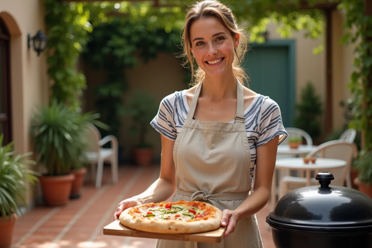 Femme servant une pizza courgette du barbecue sur une terrasse estivale méditerranéenne