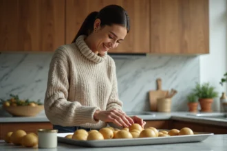Femme arrangeant des pommes de terre crues dans une cuisine chaleureuse