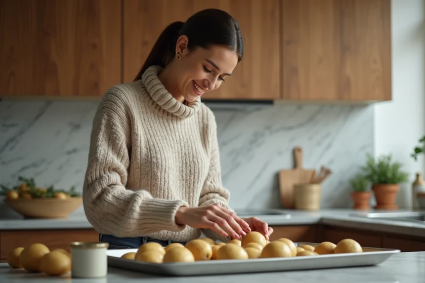Femme arrangeant des pommes de terre crues dans une cuisine chaleureuse