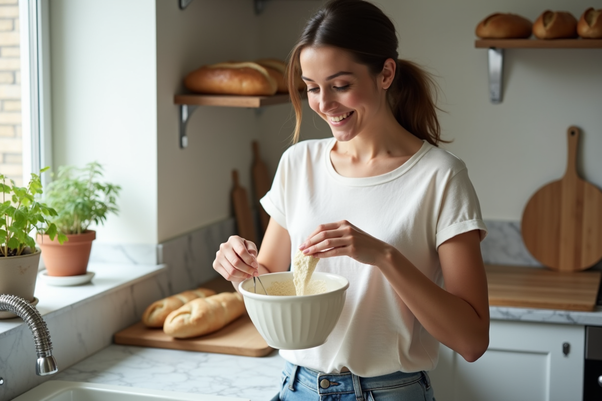 Jeune femme versant levain dans un bol dans une cuisine lumineuse