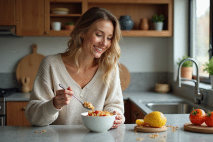 Femme en cuisine préparant un bol de yogourt grec avec granola