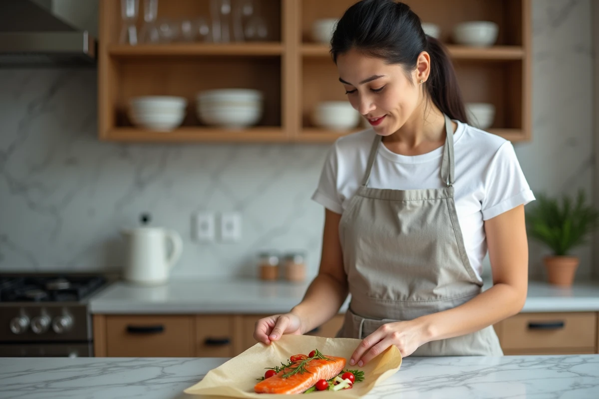 Femme préparant une papillote de saumon au fenouil dans une cuisine moderne, recette saine et légère