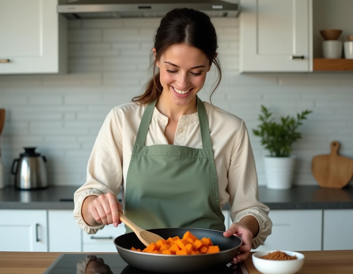 Jeune femme préparant des patates douces à la poêle dans une cuisine moderne lors d'une session de batch cooking