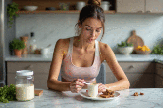 Femme en tenue pastel préparant une poudre protéinée à la maison