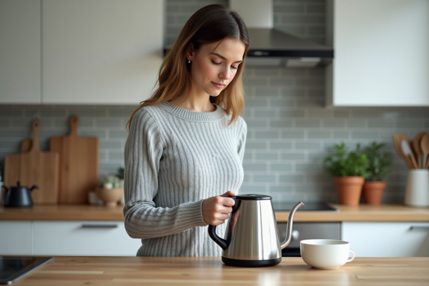 Jeune femme verser de l'eau chaude dans une théière en cuisine