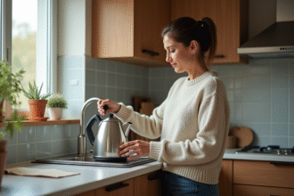 Femme examinant un vieux bouilloire électrique dans la cuisine