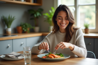 Femme souriante préparant un repas sain avec saumon et quinoa
