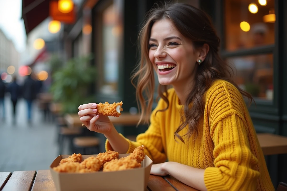 Jeune femme riant avec poulet à emporter dans un eatery urbain