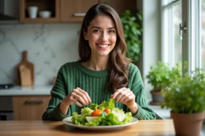 Femme souriante préparant une salade verte dans la cuisine