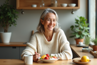 Femme de 50 ans souriante avec petit déjeuner sain