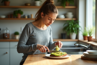 Femme en tenue de sport préparant un toast à l'avocat dans une cuisine lumineuse