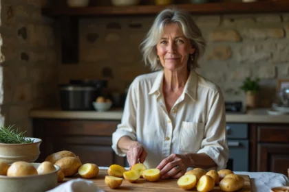 Femme française coupant des pommes de terre à la maison