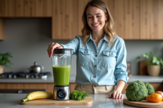 Femme souriante verse un smoothie vert dans un verre en cuisine moderne