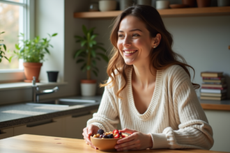 Femme souriante dégustant des noix dans une cuisine lumineuse