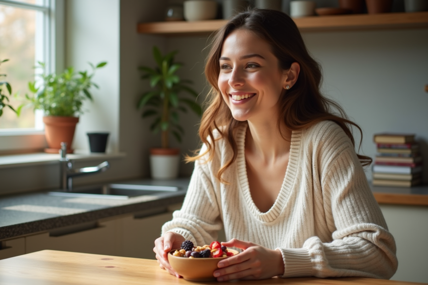 Femme souriante dégustant des noix dans une cuisine lumineuse