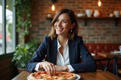 Femme souriante dans un restaurant italien à Paris