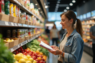 Femme d'âge moyen examinant des produits frais en supermarché