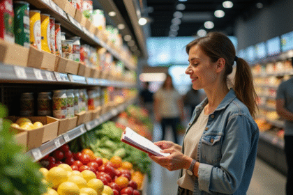 Femme d'âge moyen examinant des produits frais en supermarché