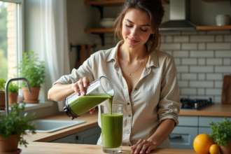 Femme versant un smoothie vert dans un verre en cuisine lumineuse