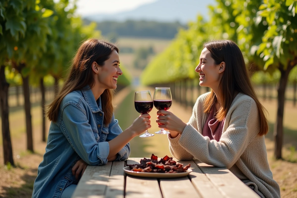 Deux femmes riant avec verre de vin et jerky en extérieur