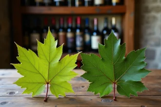 Comparaison de feuilles de vigne sauvignon blanc et cabernet franc posées côte à côte sur une table en chêne rustique