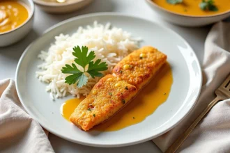 Filet de julienne pané avec sauce curry doux servi sur assiette blanche avec riz basmati et coriandre fraîche