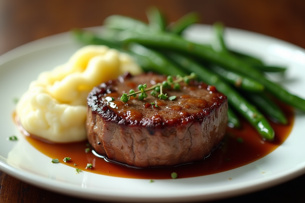 Gros plan sur filet mignon avec purée et haricots verts