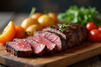 Filet mignon tranché sur planche en bois rustique avec légumes colorés