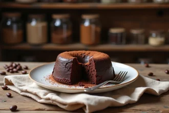 Fondant au chocolat maison sur assiette en céramique blanche avec un cœur coulant visible et une légère couche de cacao