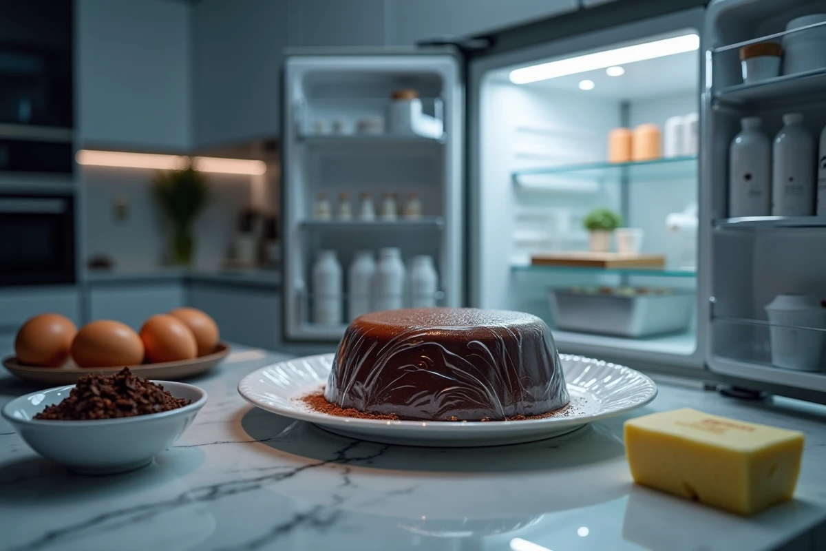 Préparation à l'avance du fondant au chocolat cru recouvert de film plastique au réfrigérateur avec ingrédients disposés sur marbre