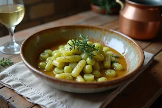 Fondue de poireaux au vin blanc servie dans un bol en céramique rustique sur une table en chêne, avec un verre de vin blanc et du thym frais