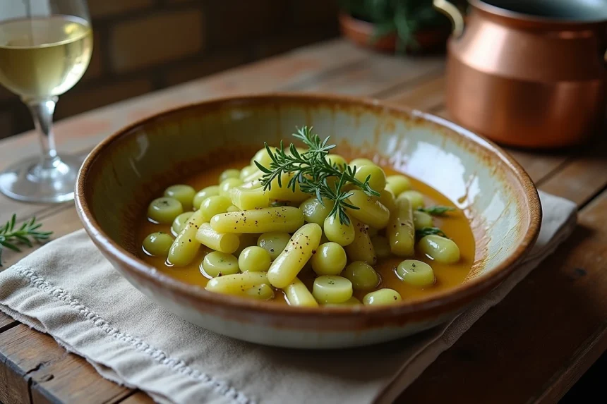 Fondue de poireaux au vin blanc servie dans un bol en céramique rustique sur une table en chêne, avec un verre de vin blanc et du thym frais