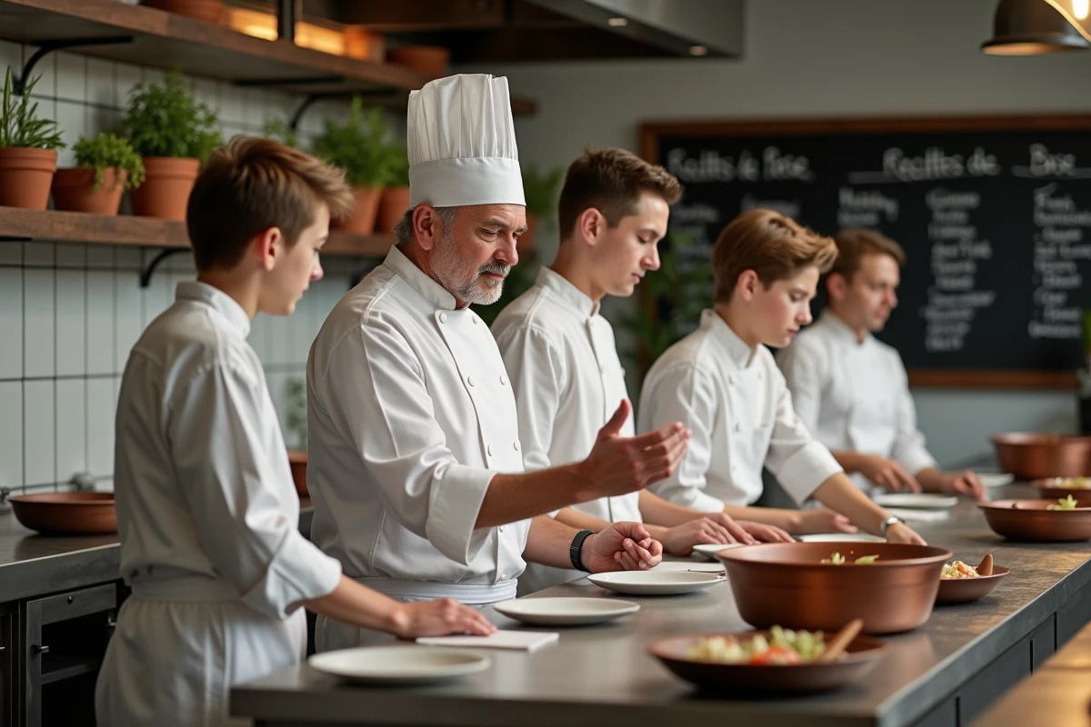 Chef étoilé transmettant son savoir-faire à sa brigade de jeunes cuisiniers