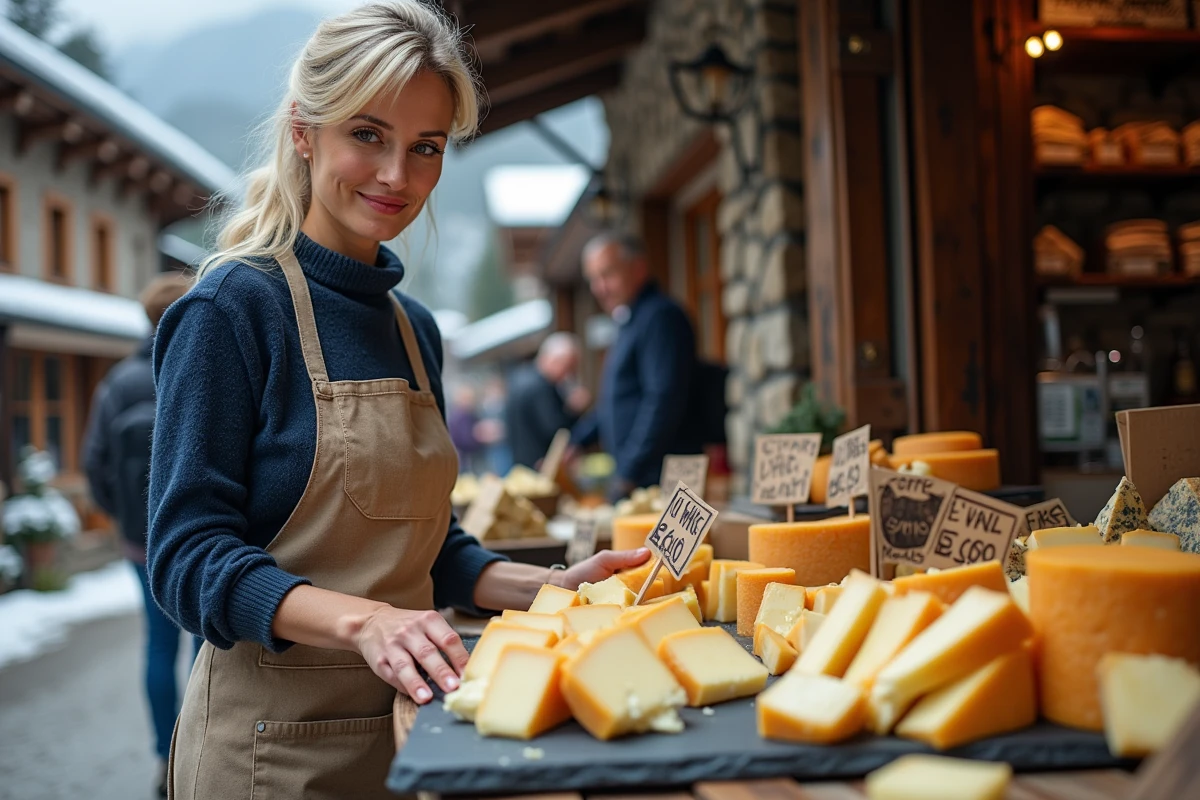Fromagère vendant des portions de Beaufort sur un marché alpin avec étiquettes de prix