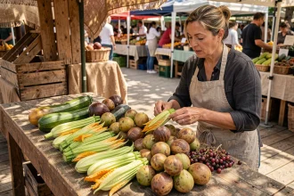 Étal de marché rustique présentant des fruits et légumes en Z méconnus comme les fleurs de courgette, le zapote et le jujube sur une table en bois