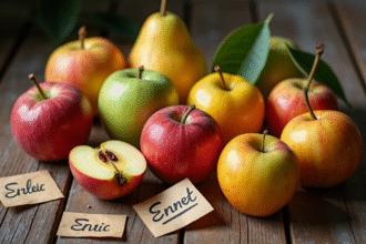 Table en bois avec fruits rares commençant par E