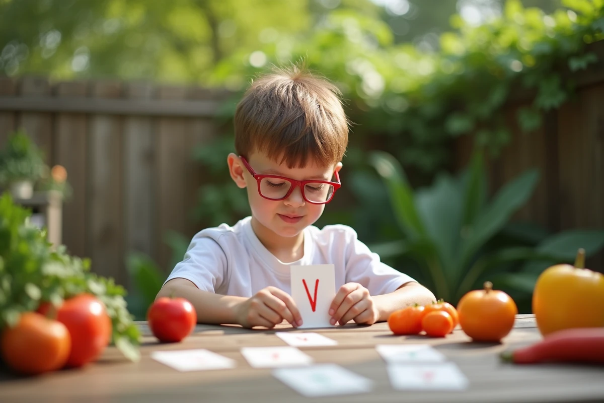 Garçon jouant avec lettres V et légumes dans un jardin en plein air