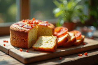Gâteau tranché avec chorizo et chèvre sur table en bois
