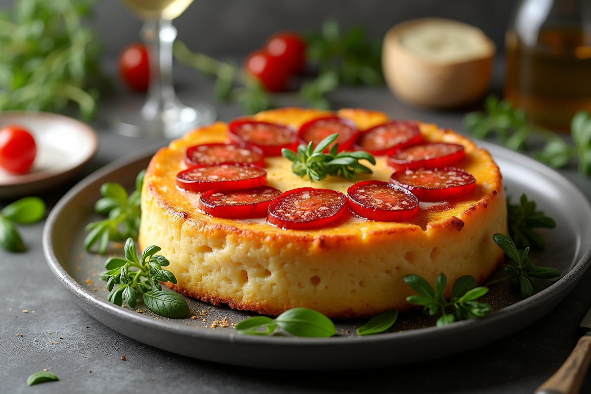 Gâteau entier au chorizo et chèvre sur plat moderne