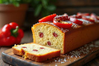 Gâteau tranché avec poivrons rouges et chorizo sur table rustique