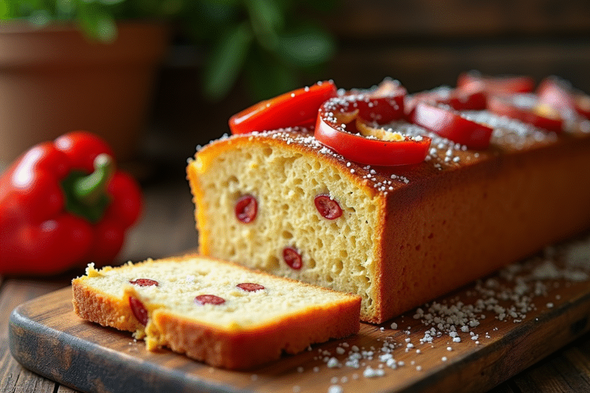 Gâteau tranché avec poivrons rouges et chorizo sur table rustique