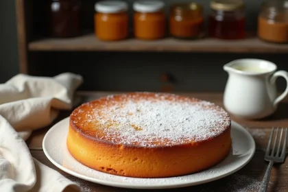 Gâteau au yaourt moelleux posé sur une table en bois rustique avec du sucre glace et un pot de yaourt